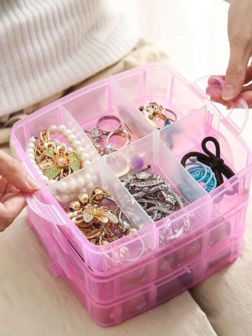 Plastic Stackable Storage Container with Handle, 3 Layer, 18 Adjustable Compartments for Organizing Dolls, Shopkins, Littlest Pet Shop, Rainbow Loom, Beads, Nail Polish, Jewelry