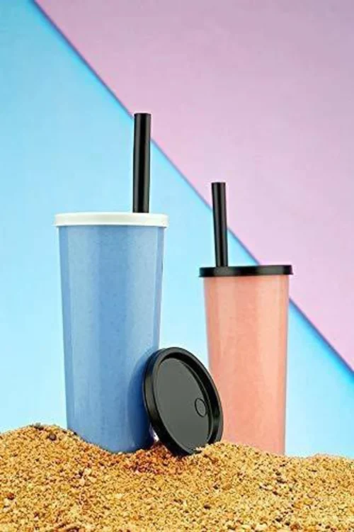 Travel Water Juice Bottle with Reusable Straw (450 ML – Set of 2)